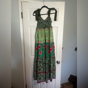 Green Floral Tiered Maxi Dress with Tie Straps